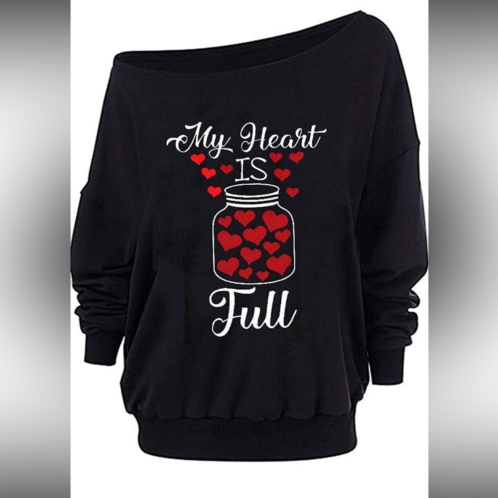 Black off the shoulder large women's sweater "My Heart is Full"